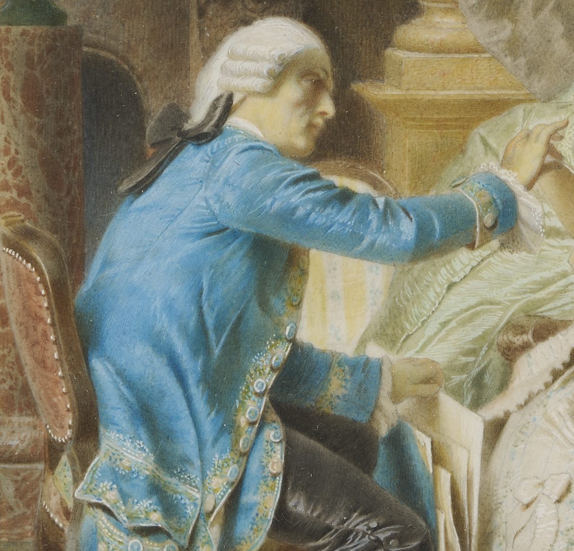 Lot 918: 2 Watercolors: 18th C. Genre Scene, plus Portrait