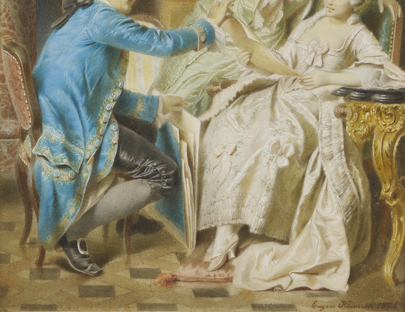 Lot 918: 2 Watercolors: 18th C. Genre Scene, plus Portrait