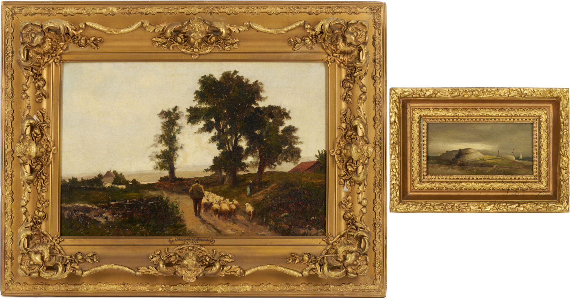 Lot 920: Two 19th C. Paintings: Landscape with Sheep and Coastal Scene