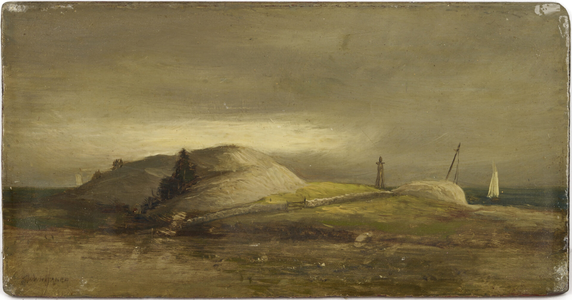 Lot 920: Two 19th C. Paintings: Landscape with Sheep and Coastal Scene