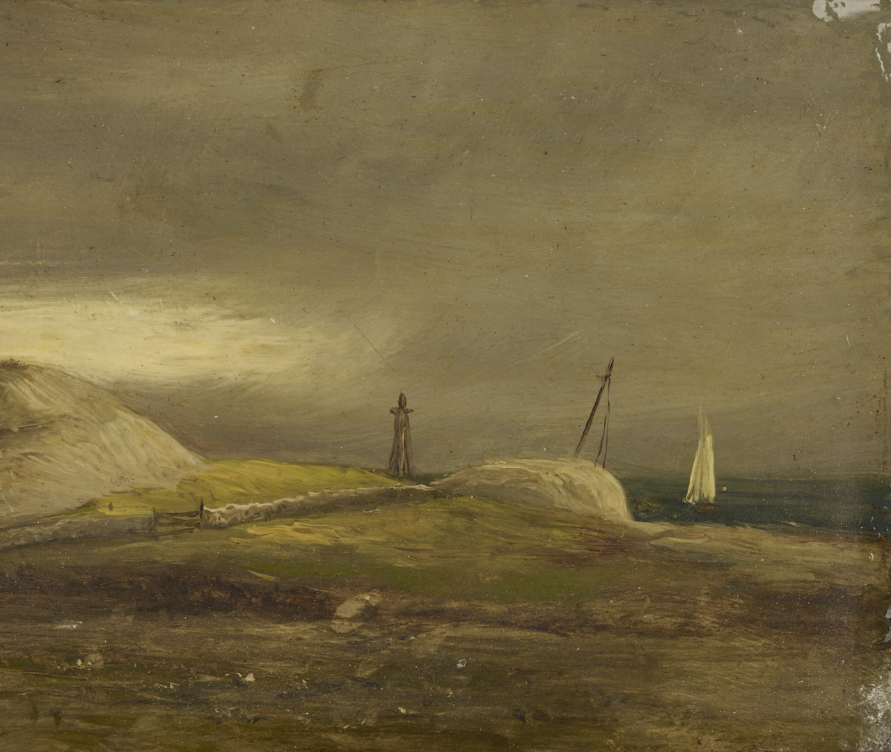Lot 920: Two 19th C. Paintings: Landscape with Sheep and Coastal Scene