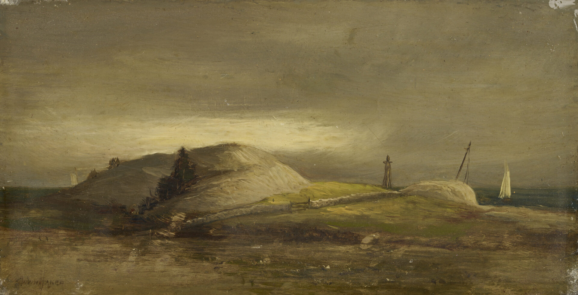 Lot 920: Two 19th C. Paintings: Landscape with Sheep and Coastal Scene