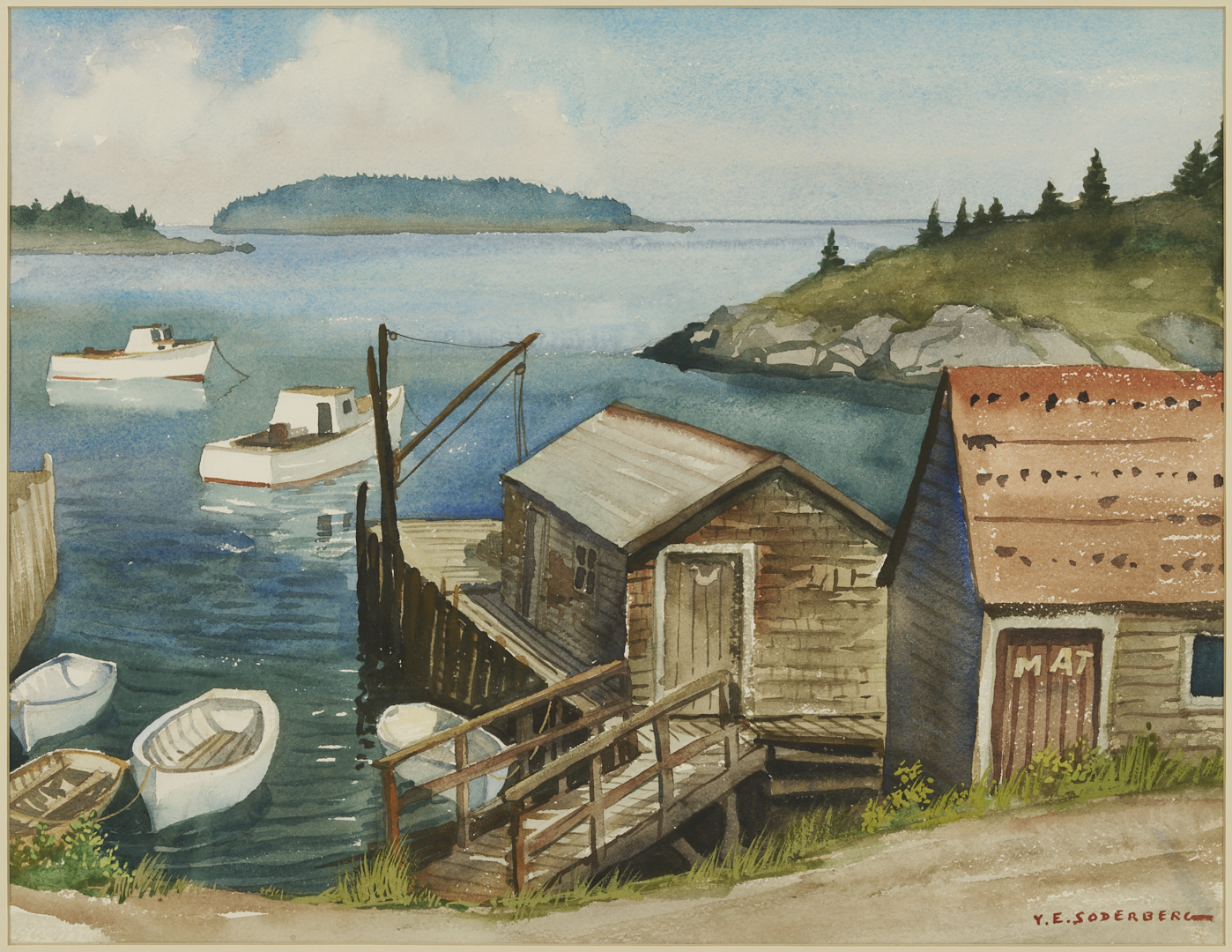 Lot 932: Yngve Edward Soderberg W/C Marine Painting, New England Harbor