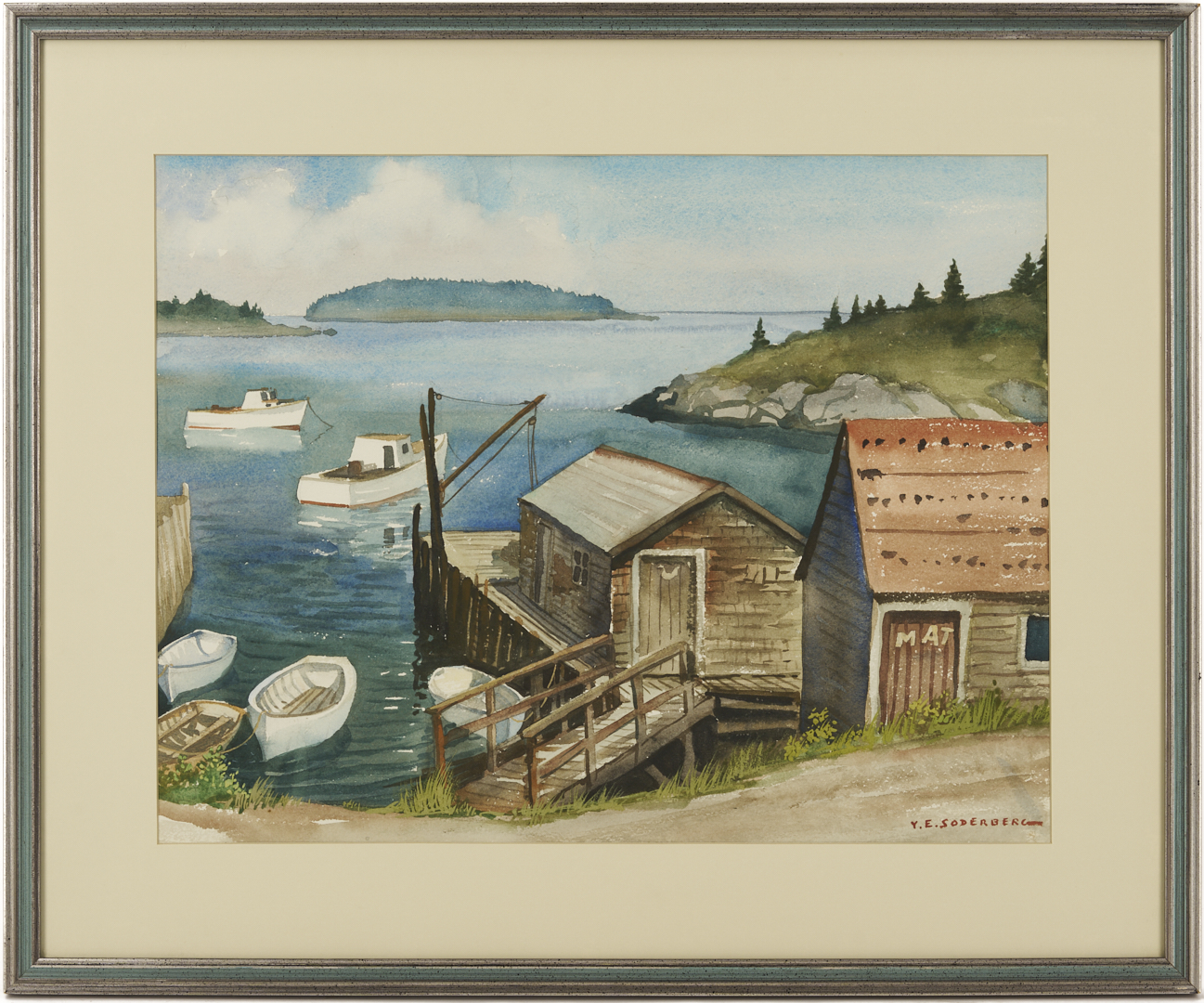 Lot 932: Yngve Edward Soderberg W/C Marine Painting, New England Harbor