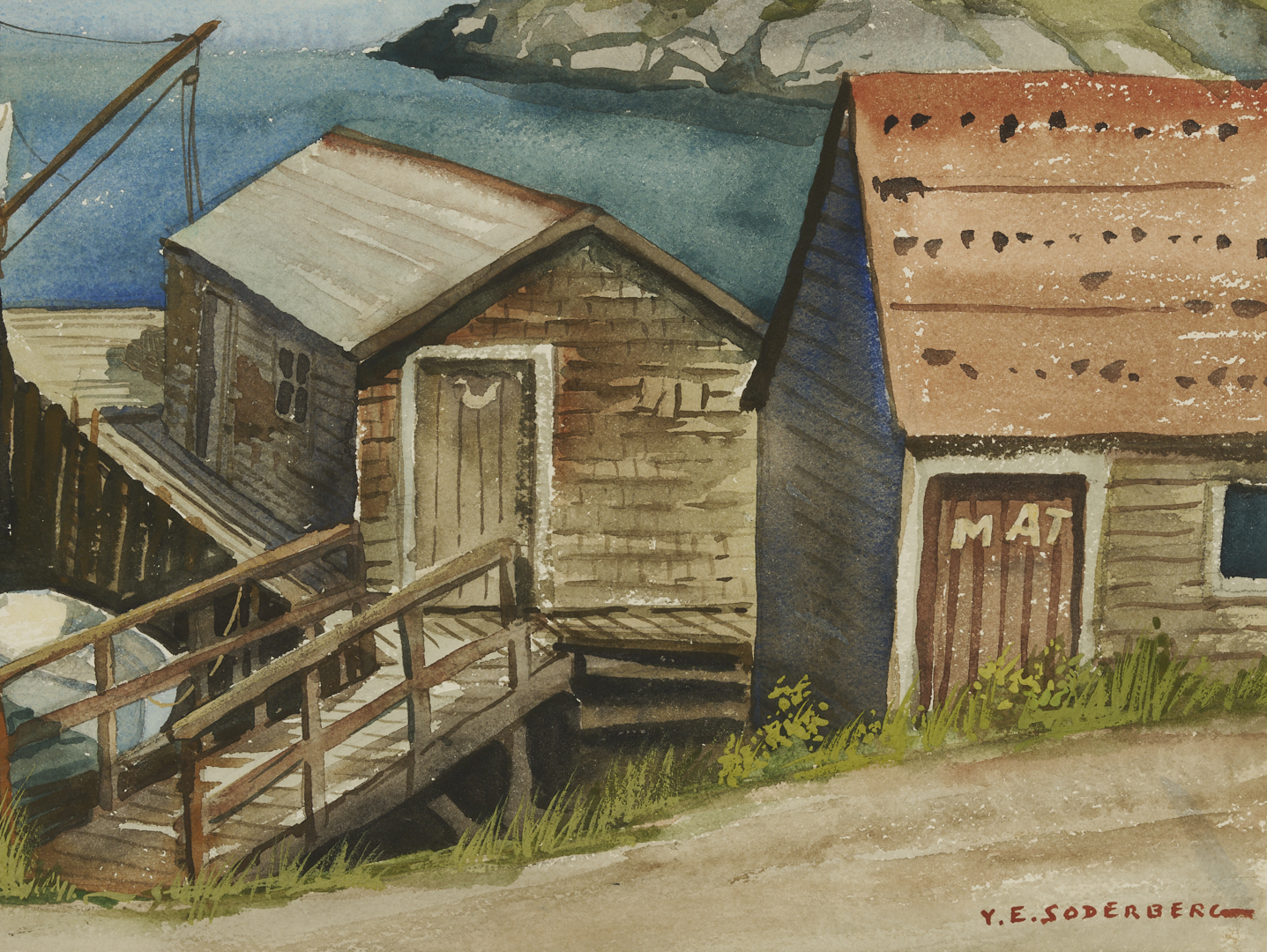 Lot 932: Yngve Edward Soderberg W/C Marine Painting, New England Harbor