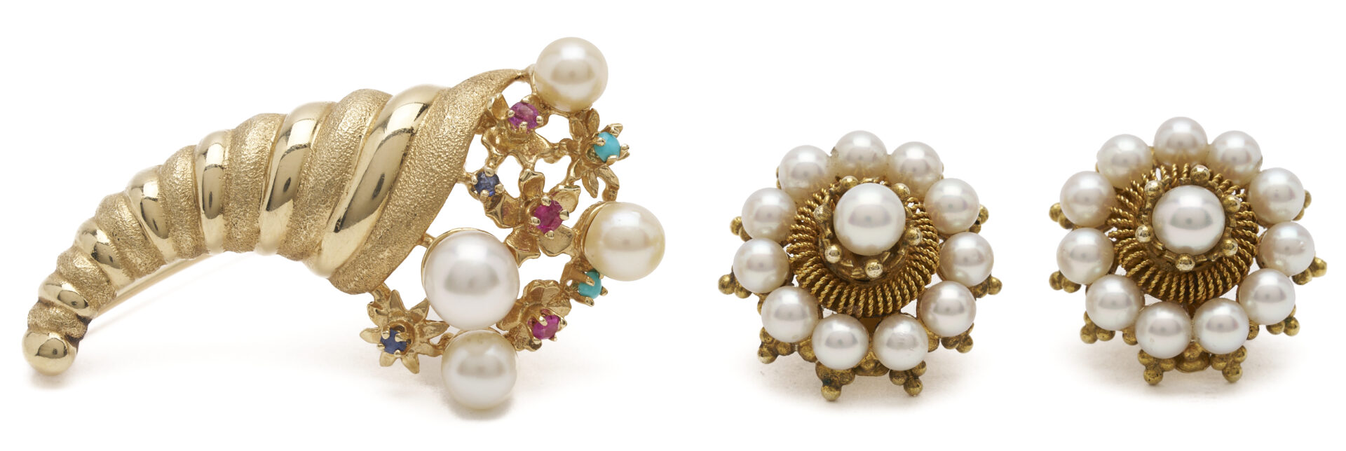 Lot 964: 14K Gold & Gemstone Cornucopia Brooch and 10K Gold & Pearl Screwback Earrings