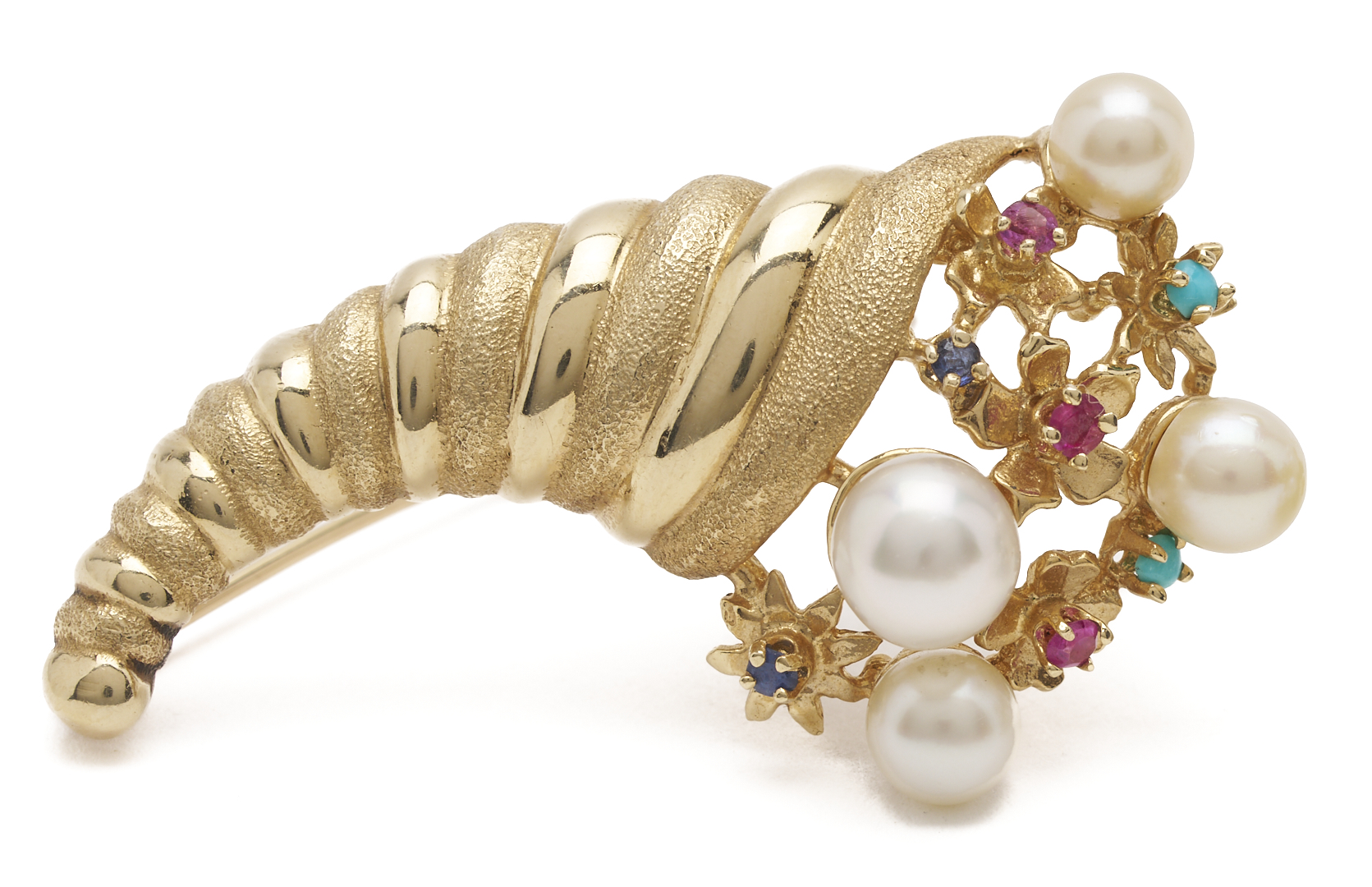 Lot 964: 14K Gold & Gemstone Cornucopia Brooch and 10K Gold & Pearl Screwback Earrings