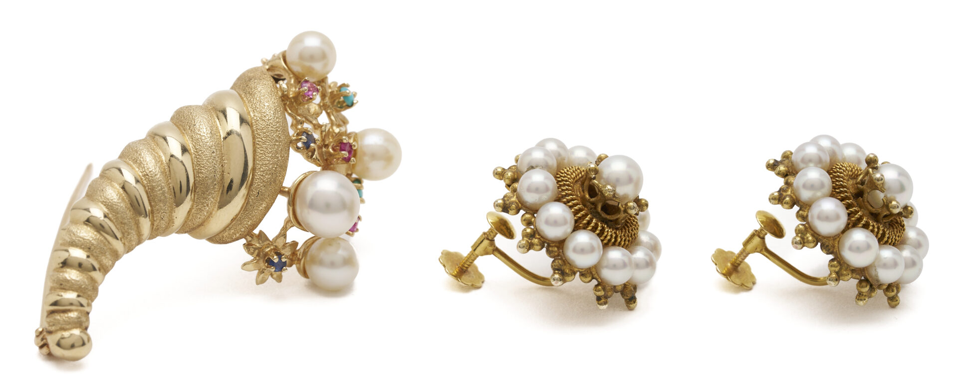 Lot 964: 14K Gold & Gemstone Cornucopia Brooch and 10K Gold & Pearl Screwback Earrings