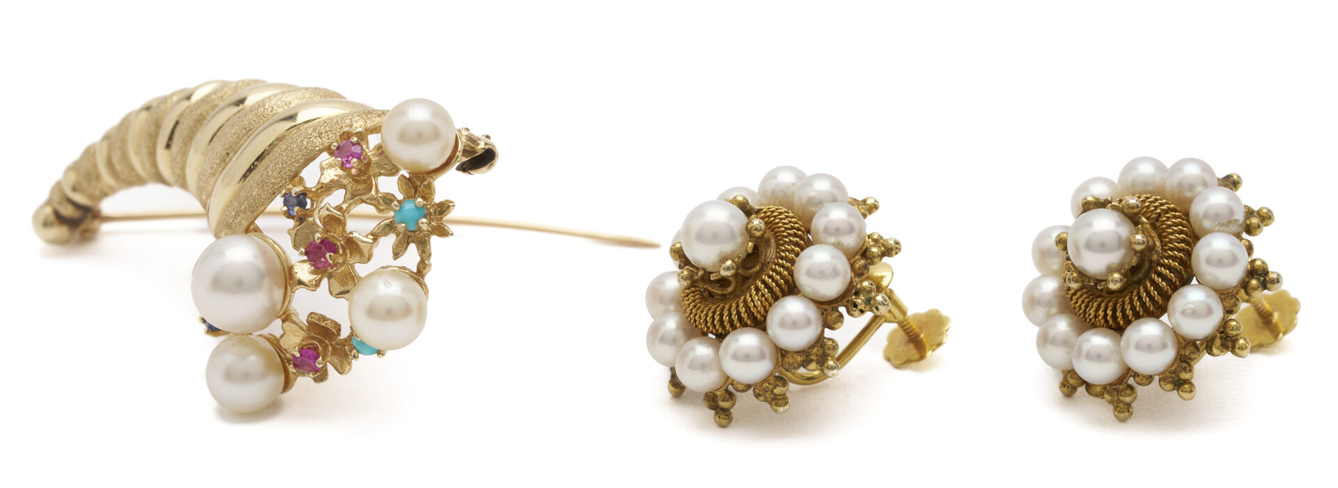 Lot 964: 14K Gold & Gemstone Cornucopia Brooch and 10K Gold & Pearl Screwback Earrings