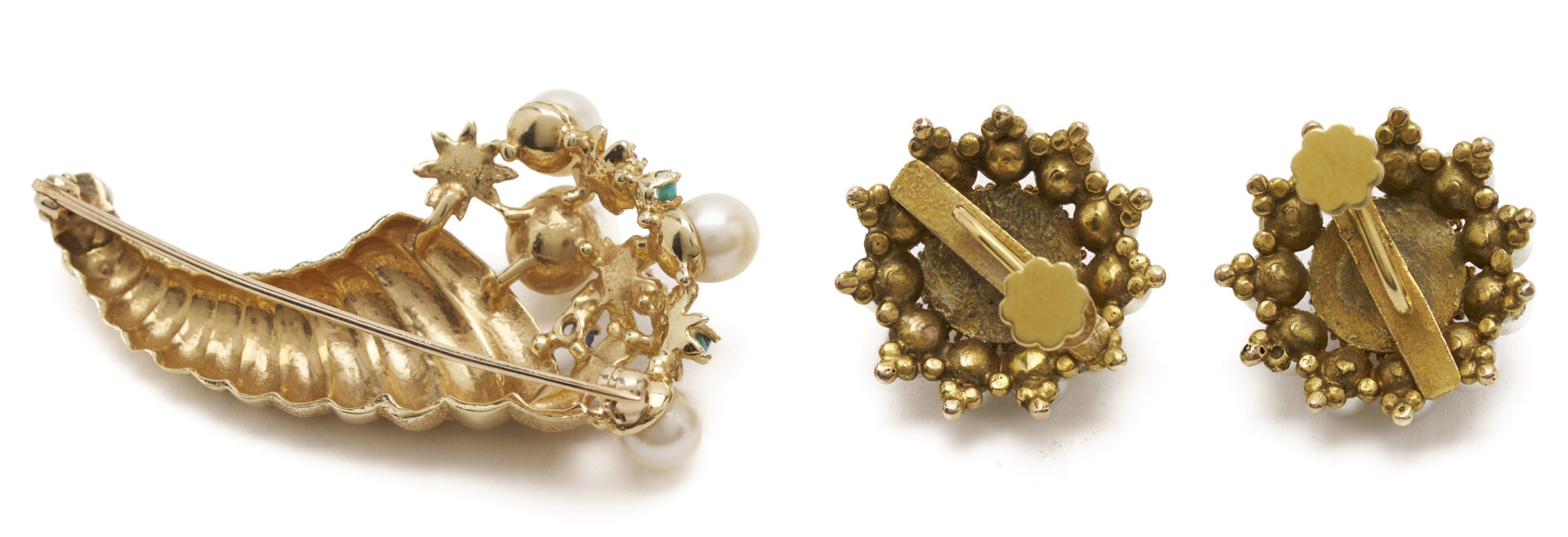 Lot 964: 14K Gold & Gemstone Cornucopia Brooch and 10K Gold & Pearl Screwback Earrings