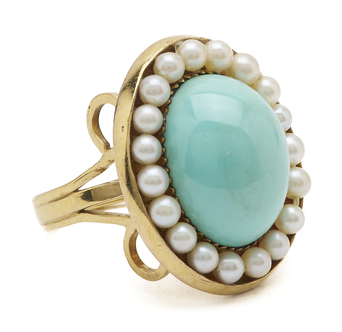 Lot 985: 14K Gold, Turquoise & Pearl Ring