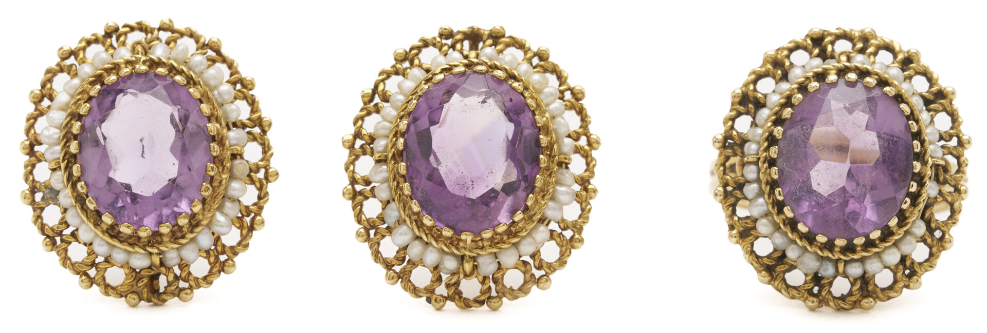 Lot 986: 14K Gold, Amethyst & Pearl Ring and Earrings