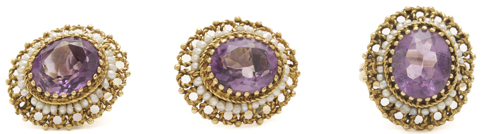 Lot 986: 14K Gold, Amethyst & Pearl Ring and Earrings