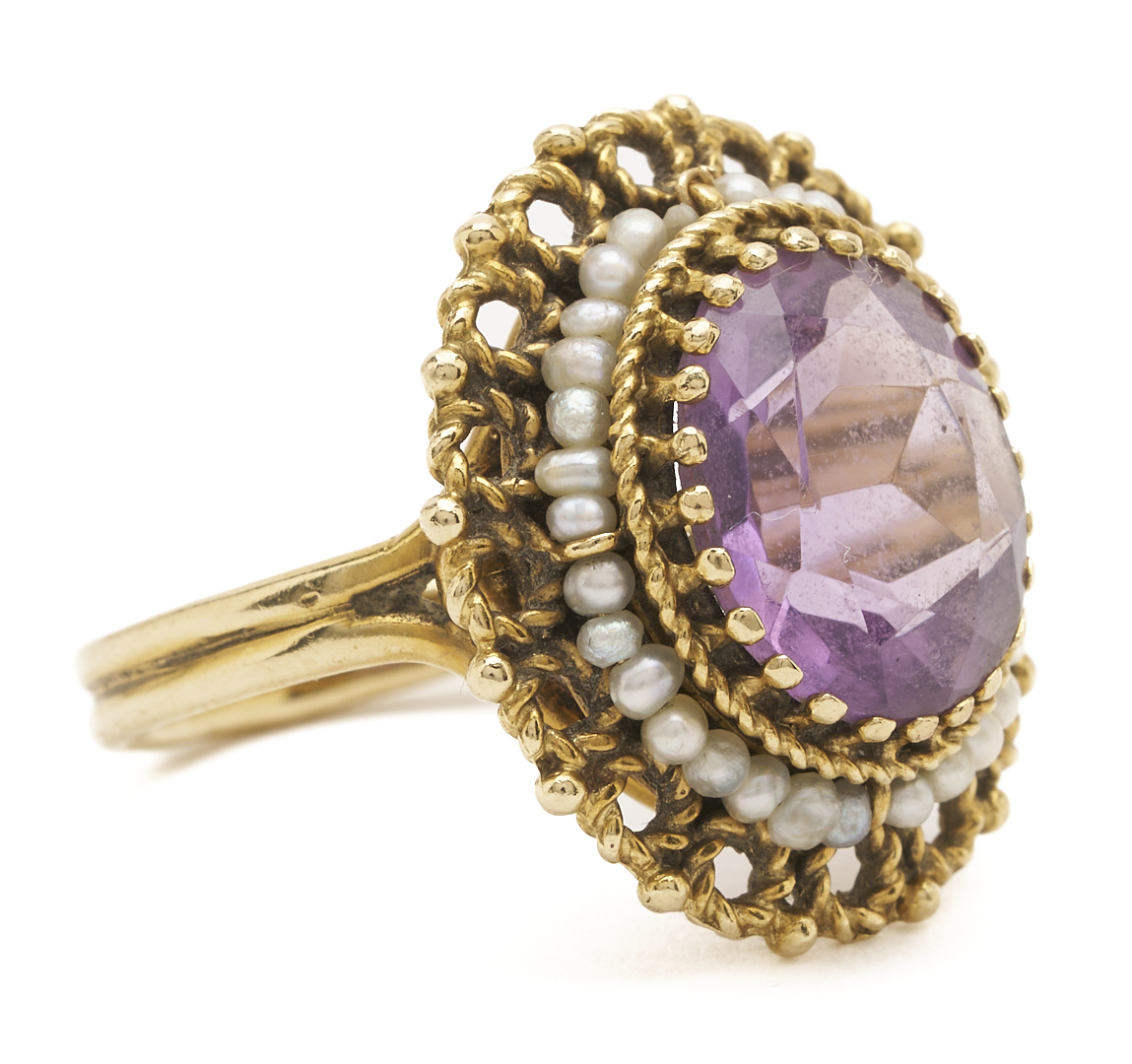 Lot 986: 14K Gold, Amethyst & Pearl Ring and Earrings