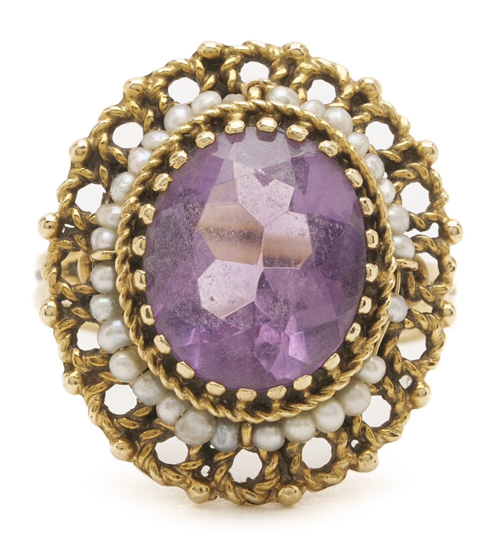 Lot 986: 14K Gold, Amethyst & Pearl Ring and Earrings