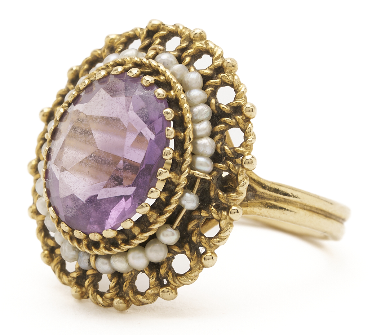 Lot 986: 14K Gold, Amethyst & Pearl Ring and Earrings