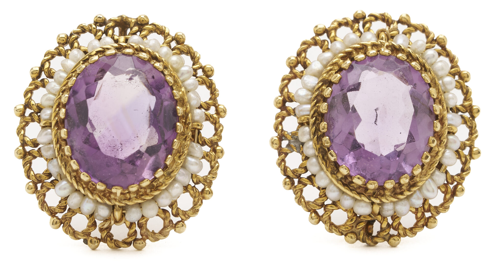 Lot 986: 14K Gold, Amethyst & Pearl Ring and Earrings