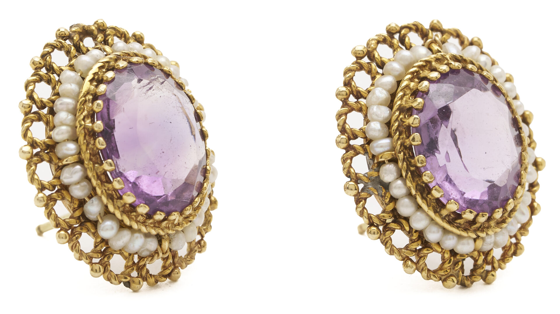 Lot 986: 14K Gold, Amethyst & Pearl Ring and Earrings