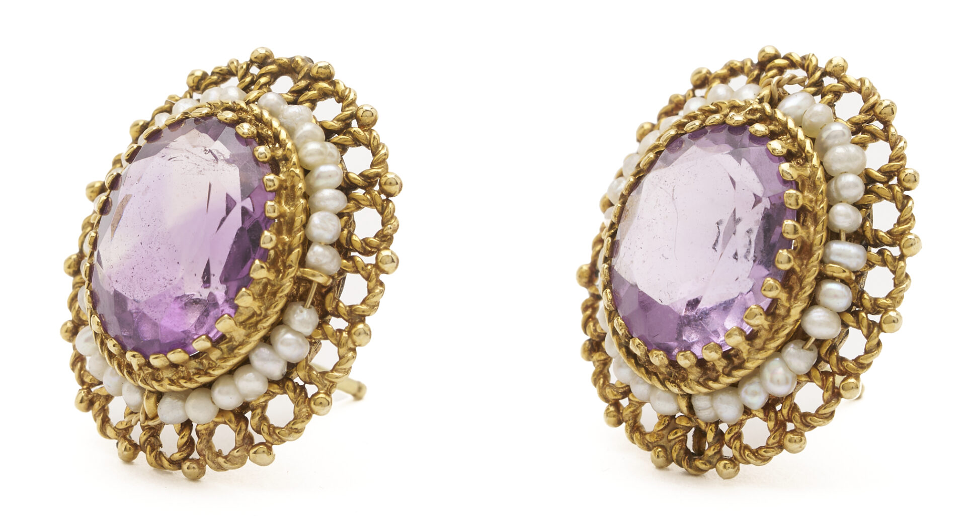 Lot 986: 14K Gold, Amethyst & Pearl Ring and Earrings