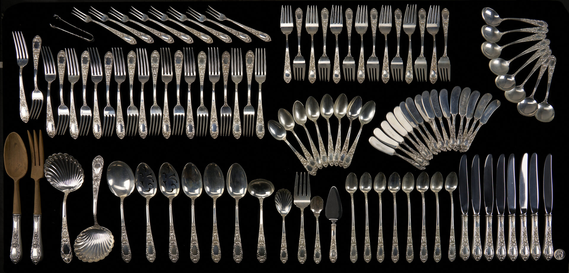 Lot 98: 107 Pcs. Kirk Rose Pattern Sterling Flatware