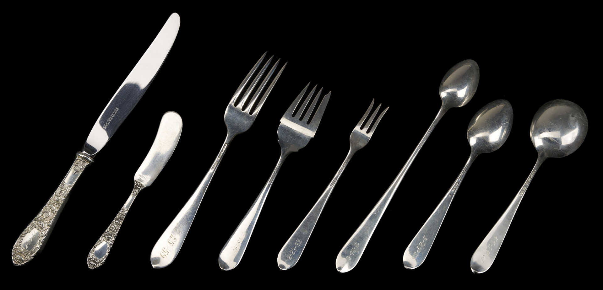 Lot 98: 107 Pcs. Kirk Rose Pattern Sterling Flatware