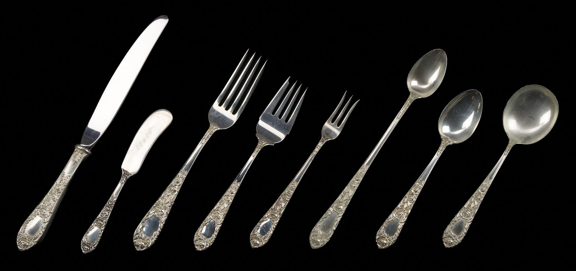 Lot 98: 107 Pcs. Kirk Rose Pattern Sterling Flatware