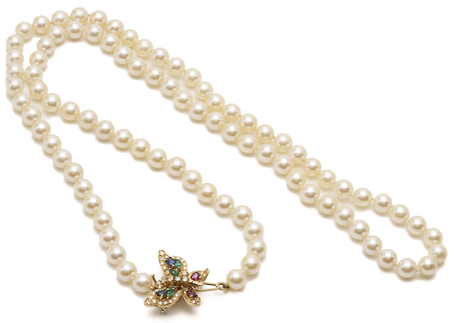 Lot 990: Pearl Necklace w/ 14K Gold & Gemstone Butterfly Clasp