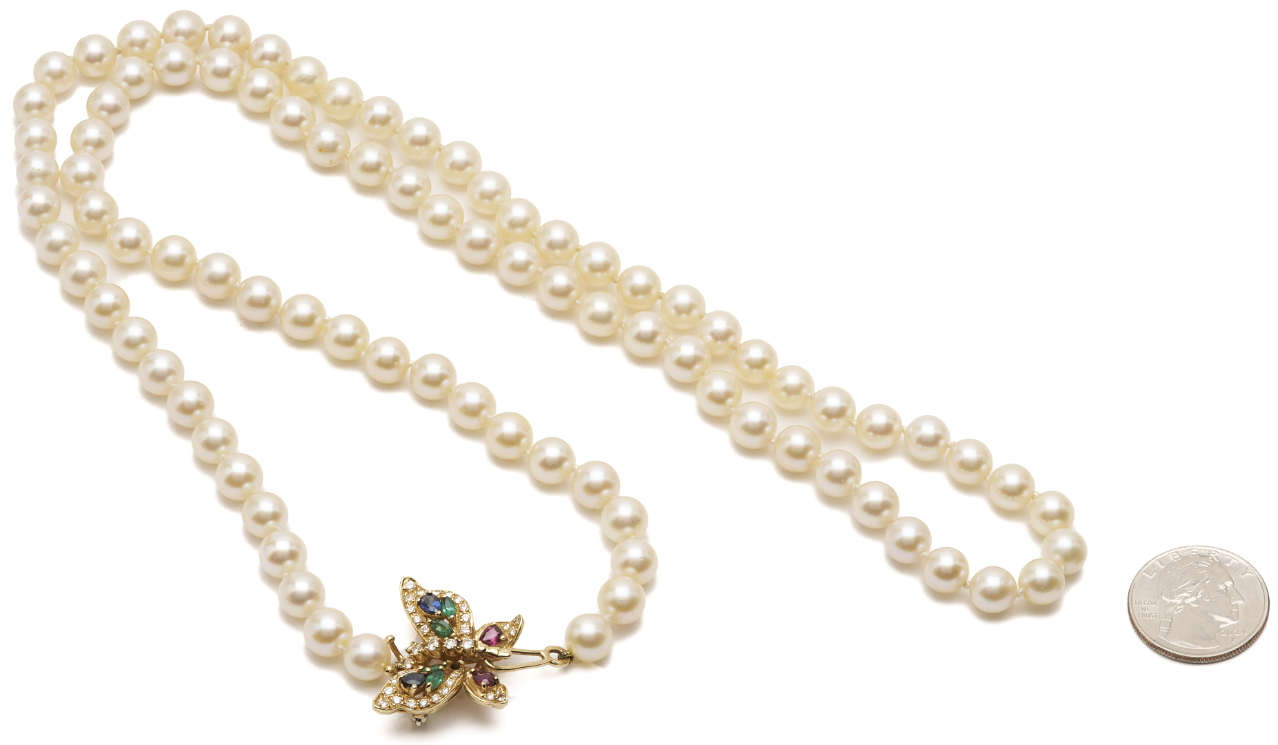 Lot 990: Pearl Necklace w/ 14K Gold & Gemstone Butterfly Clasp