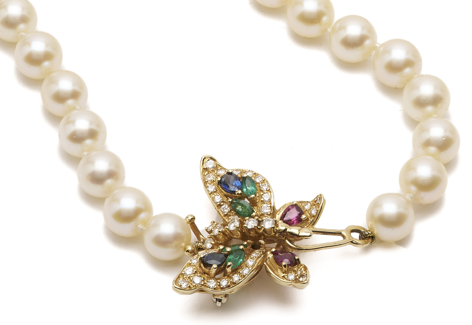 Lot 990: Pearl Necklace w/ 14K Gold & Gemstone Butterfly Clasp