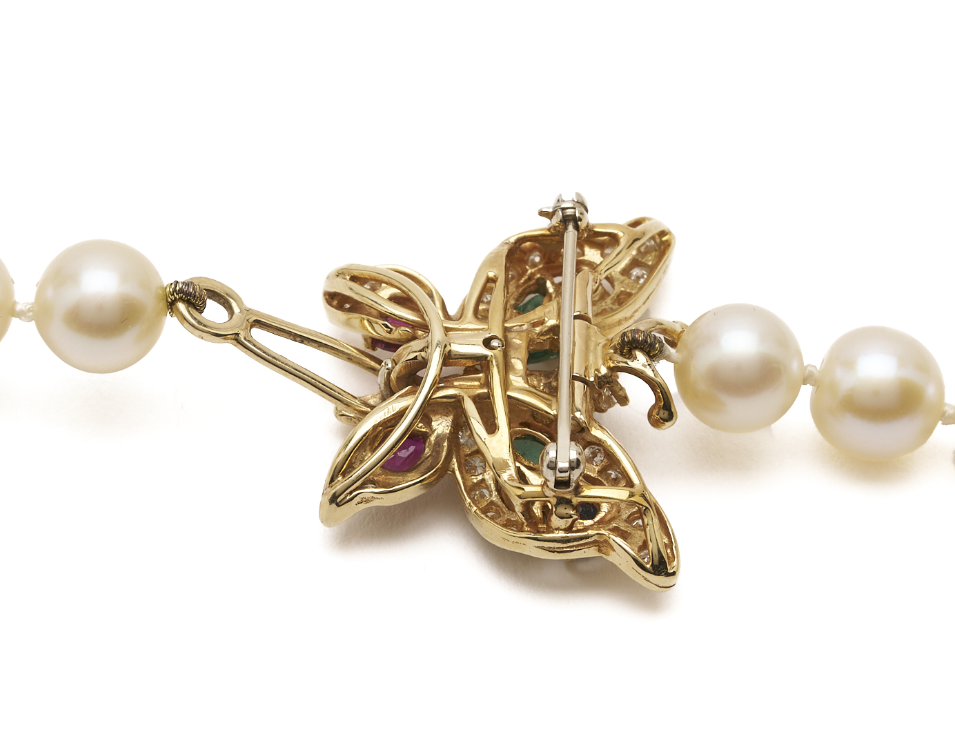 Lot 990: Pearl Necklace w/ 14K Gold & Gemstone Butterfly Clasp