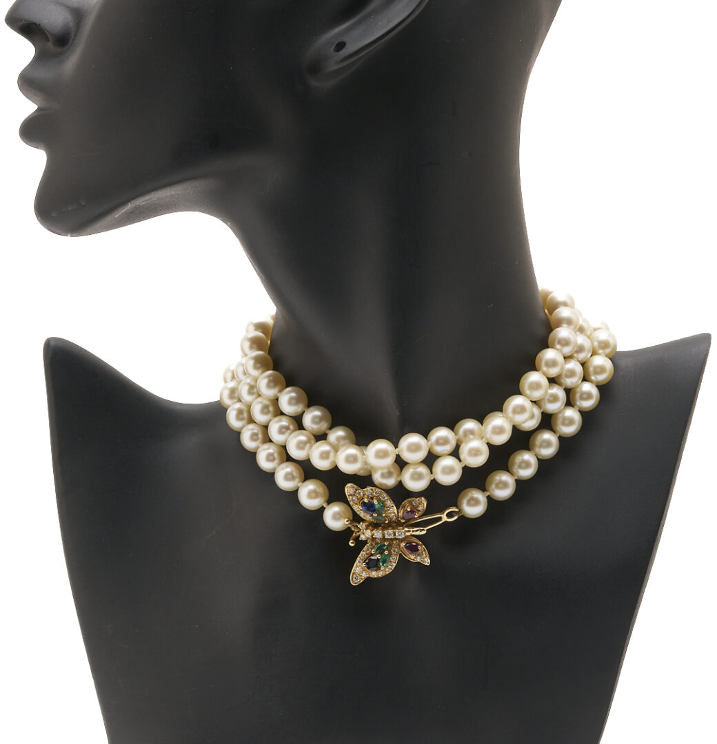 Lot 990: Pearl Necklace w/ 14K Gold & Gemstone Butterfly Clasp