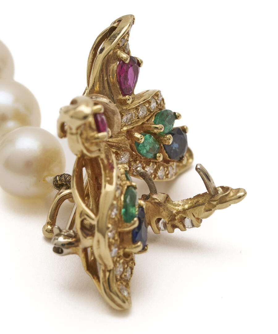 Lot 990: Pearl Necklace w/ 14K Gold & Gemstone Butterfly Clasp