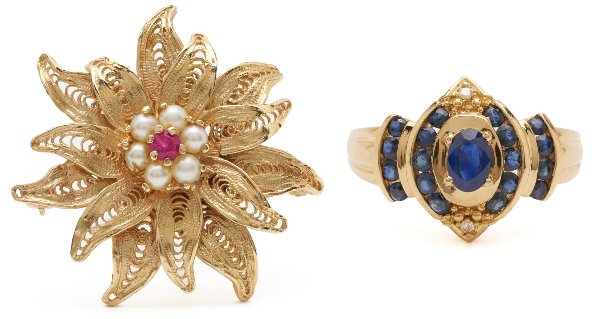 Lot 991: 14K Gold, Ruby & Pearl Floral Brooch and 14K Yellow Gold, Sapphire & Diamond Ring