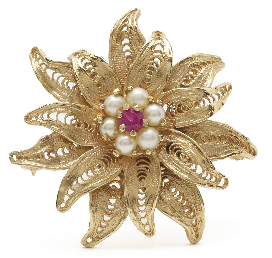 Lot 991: 14K Gold, Ruby & Pearl Floral Brooch and 14K Yellow Gold, Sapphire & Diamond Ring