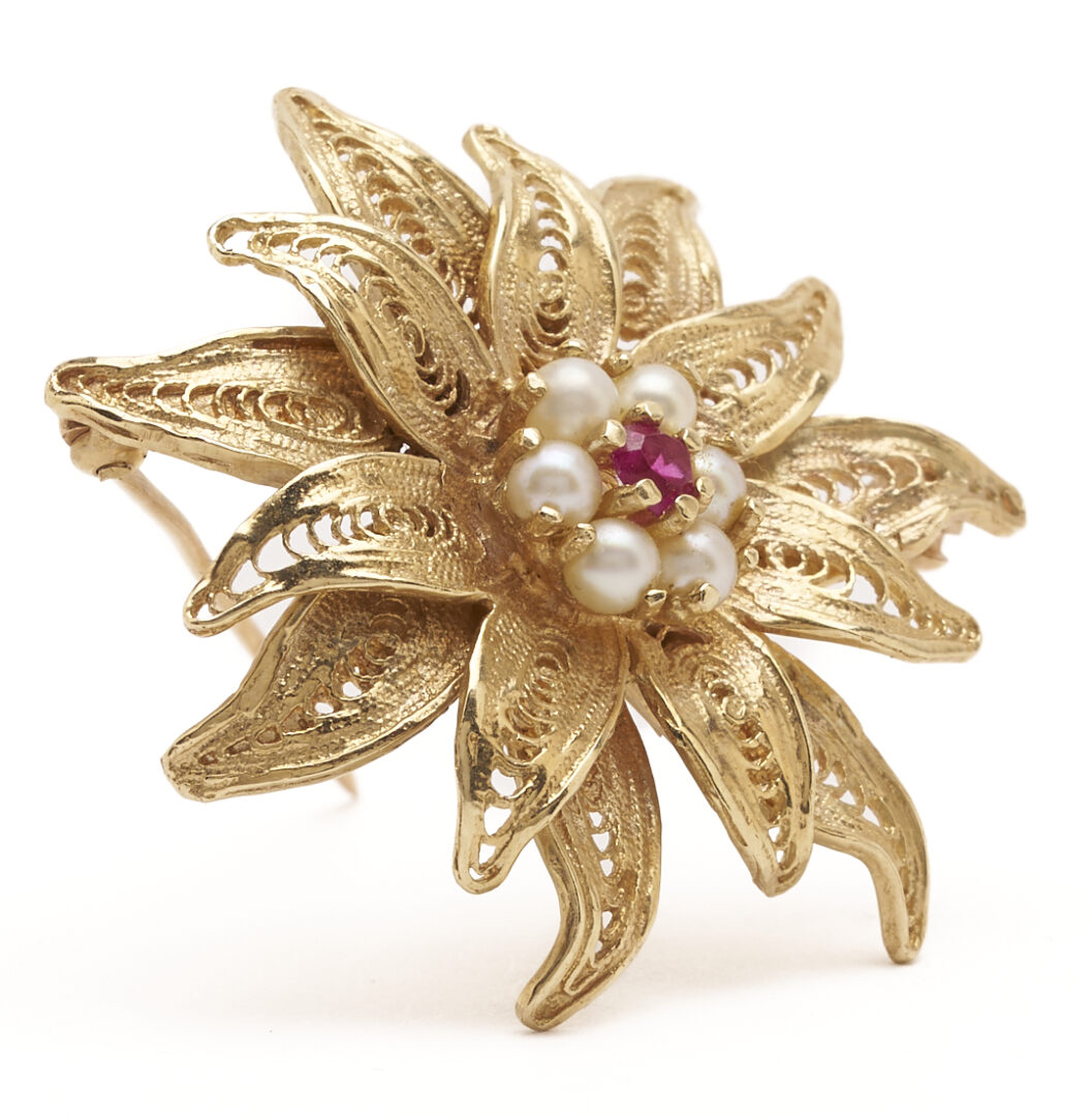 Lot 991: 14K Gold, Ruby & Pearl Floral Brooch and 14K Yellow Gold, Sapphire & Diamond Ring