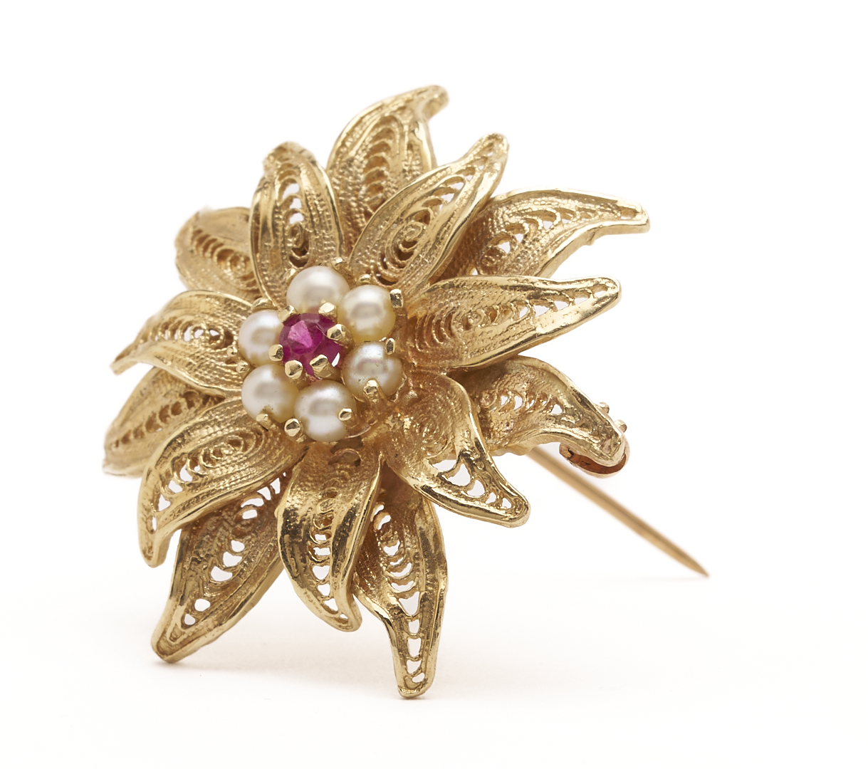Lot 991: 14K Gold, Ruby & Pearl Floral Brooch and 14K Yellow Gold, Sapphire & Diamond Ring