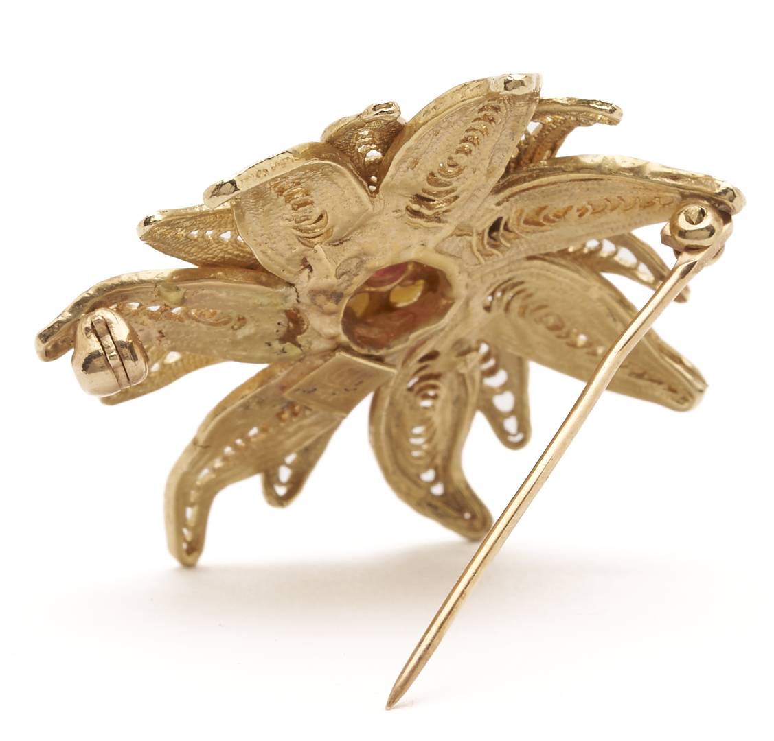 Lot 991: 14K Gold, Ruby & Pearl Floral Brooch and 14K Yellow Gold, Sapphire & Diamond Ring