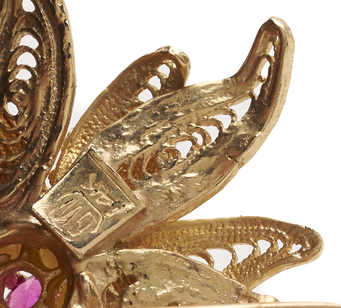 Lot 991: 14K Gold, Ruby & Pearl Floral Brooch and 14K Yellow Gold, Sapphire & Diamond Ring