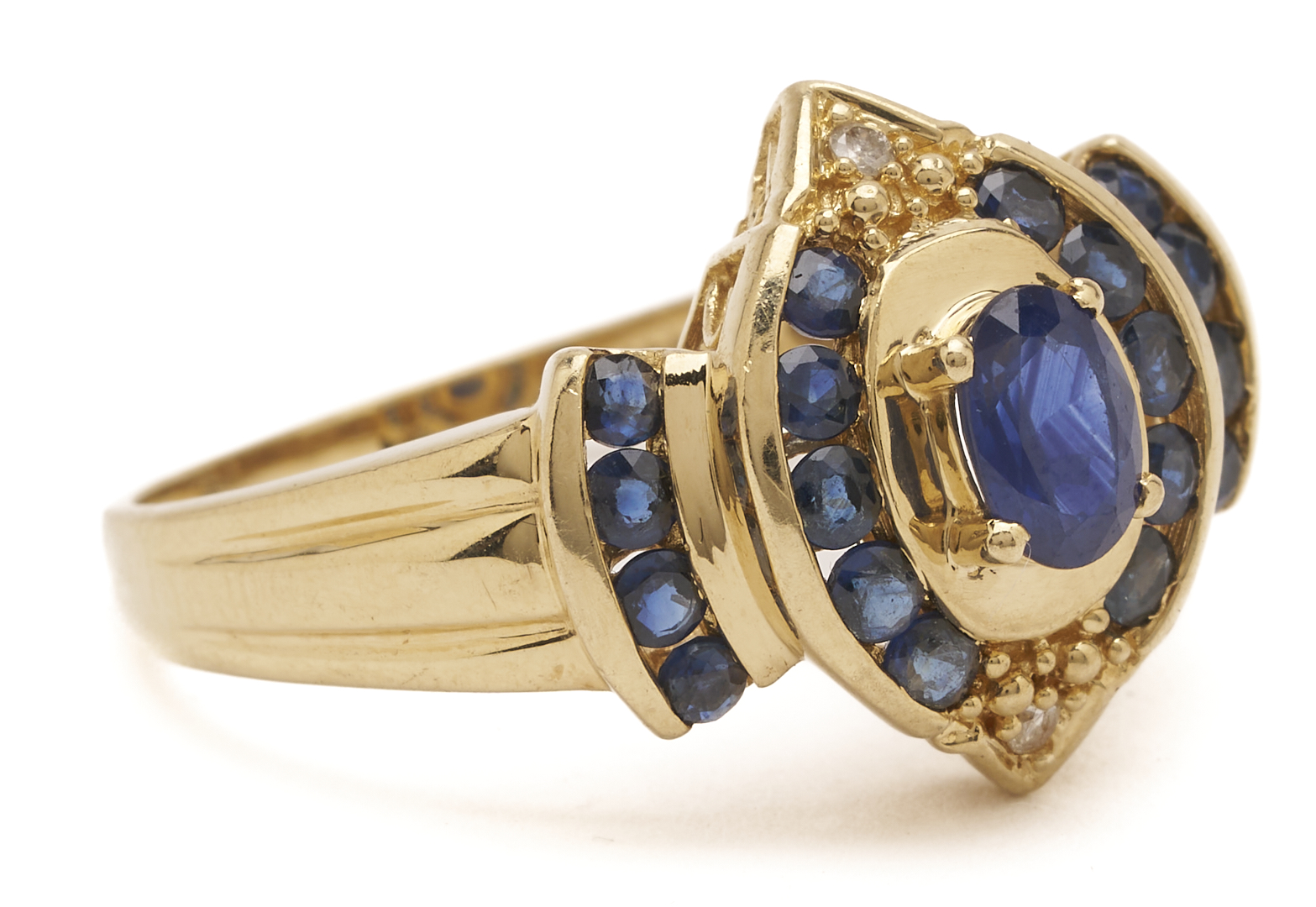 Lot 991: 14K Gold, Ruby & Pearl Floral Brooch and 14K Yellow Gold, Sapphire & Diamond Ring