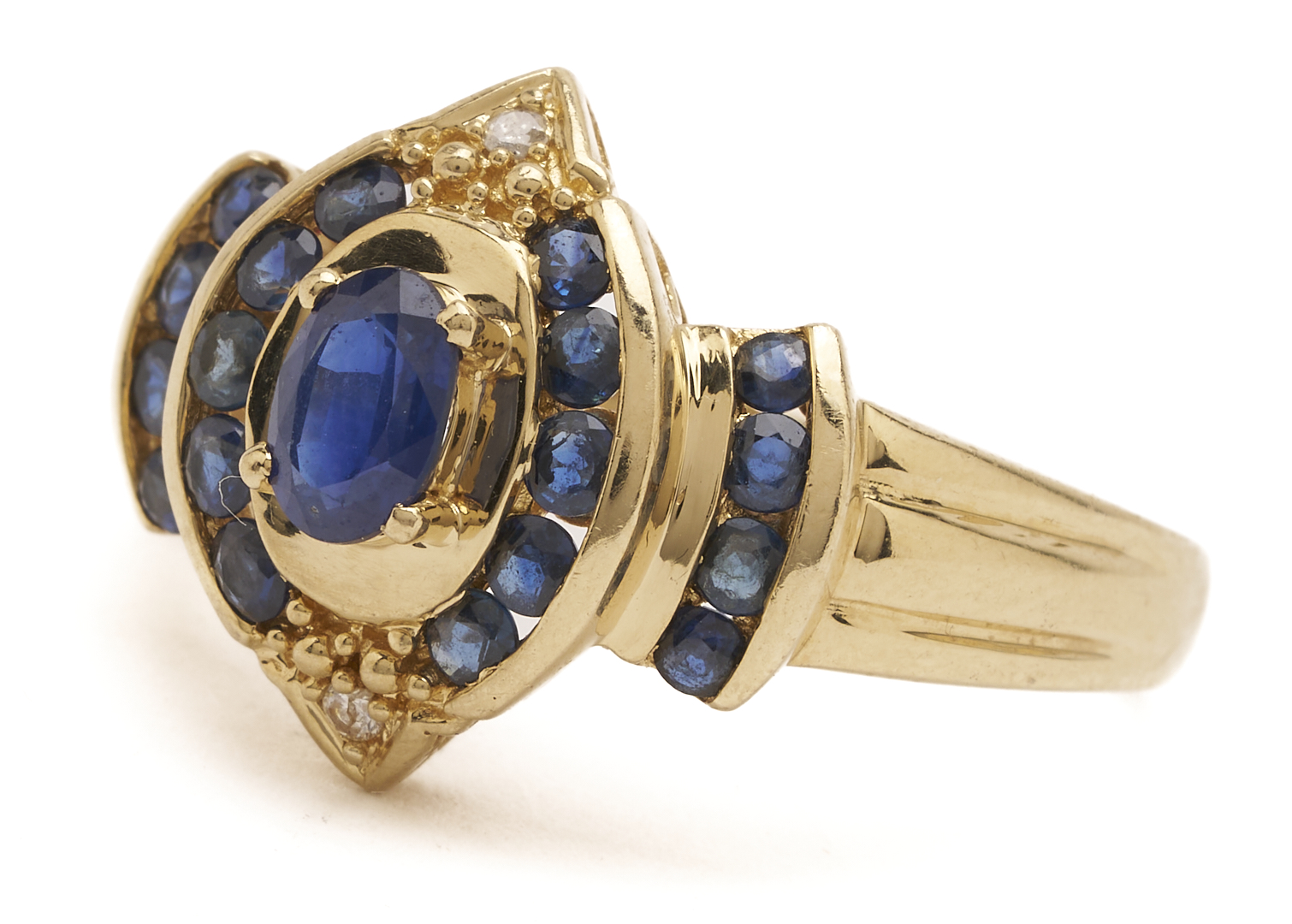 Lot 991: 14K Gold, Ruby & Pearl Floral Brooch and 14K Yellow Gold, Sapphire & Diamond Ring