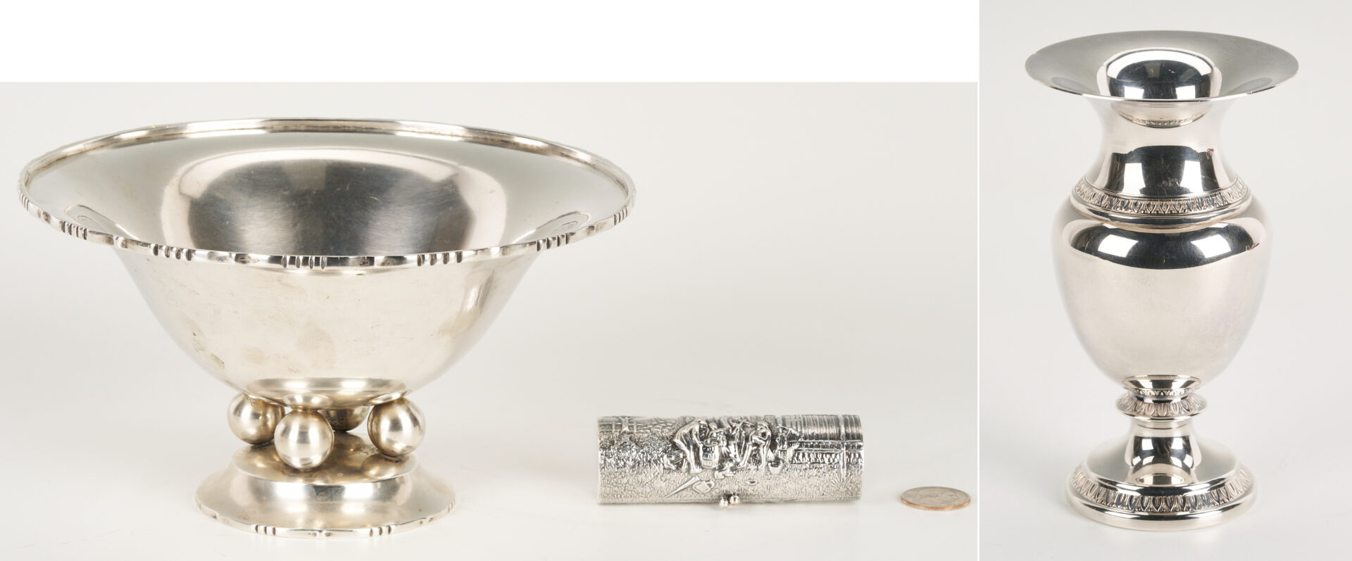 Lot 993: 3 European Silver Items: Bowl, Pill Box, and Vase