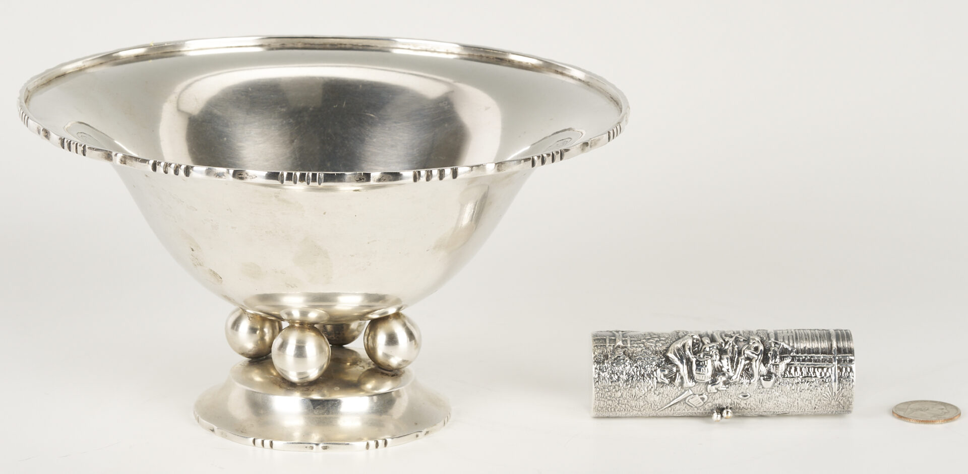 Lot 993: 3 European Silver Items: Bowl, Pill Box, and Vase