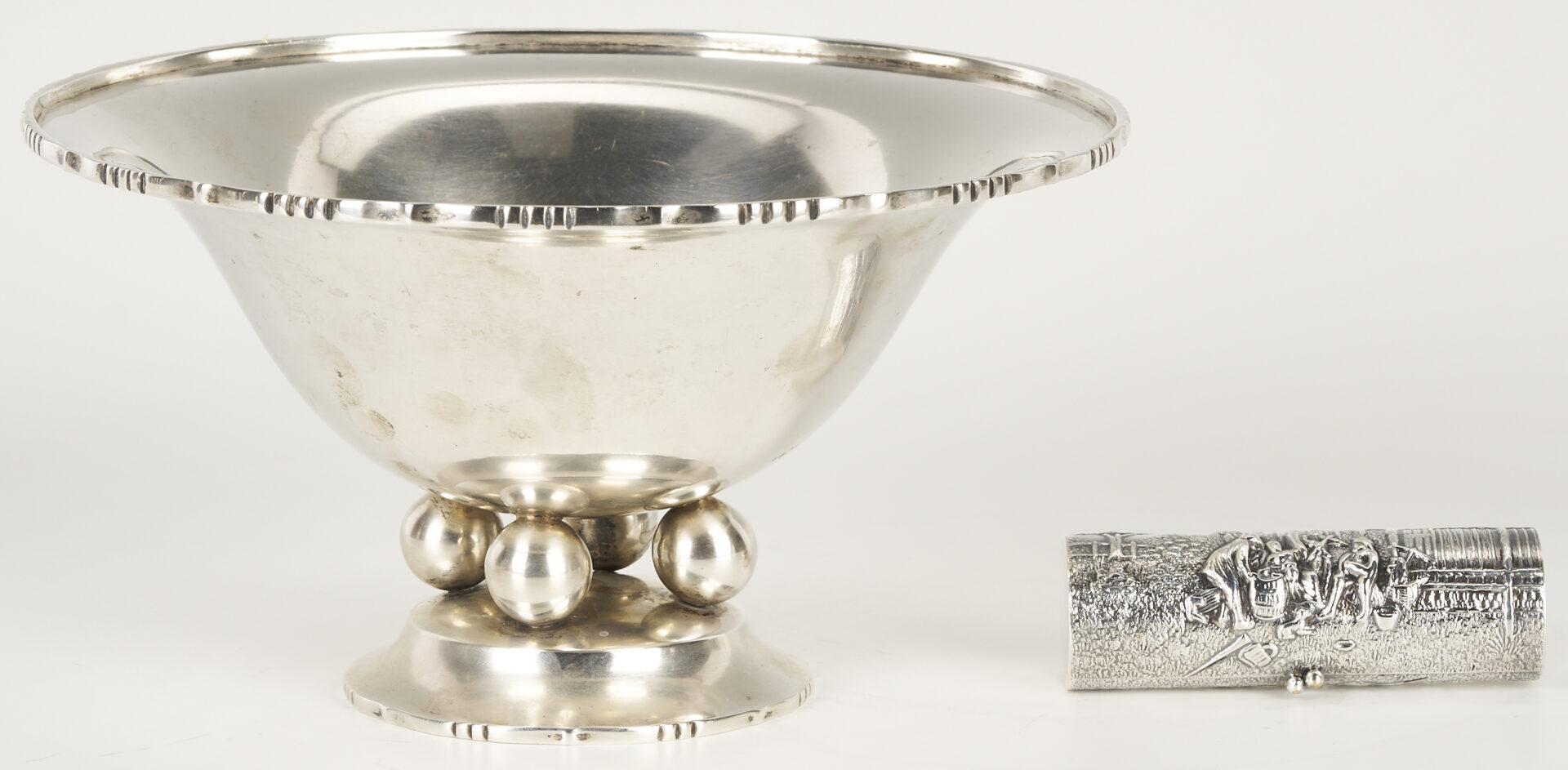 Lot 993: 3 European Silver Items: Bowl, Pill Box, and Vase
