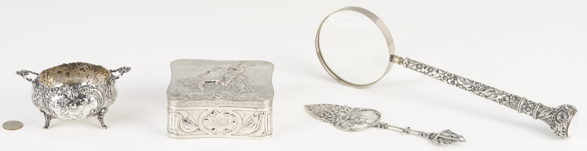Lot 994: 4 pcs Continental Silver: Box, Sugar and Server plus Sterling Magnifying Glass