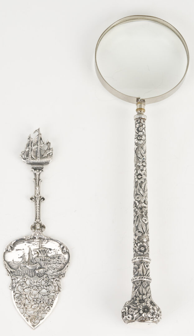 Lot 994: 4 pcs Continental Silver: Box, Sugar and Server plus Sterling Magnifying Glass