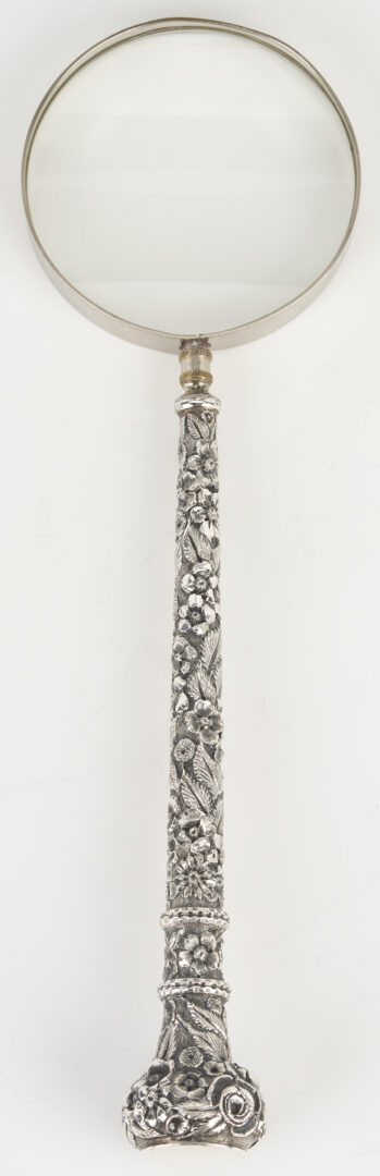 Lot 994: 4 pcs Continental Silver: Box, Sugar and Server plus Sterling Magnifying Glass