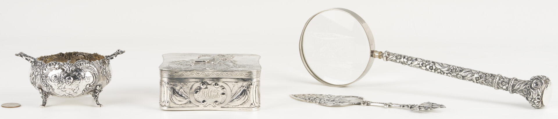 Lot 994: 4 pcs Continental Silver: Box, Sugar and Server plus Sterling Magnifying Glass
