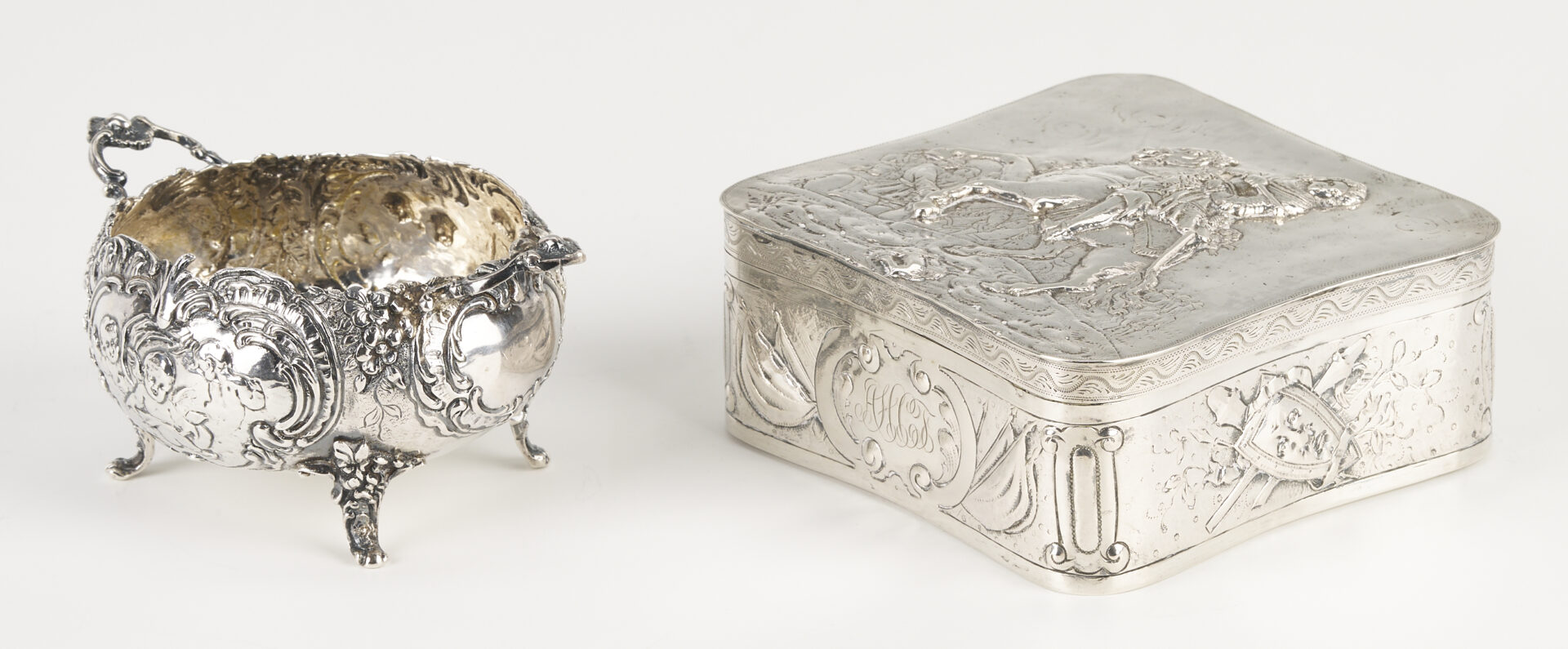 Lot 994: 4 pcs Continental Silver: Box, Sugar and Server plus Sterling Magnifying Glass