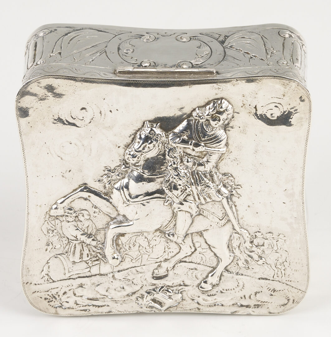 Lot 994: 4 pcs Continental Silver: Box, Sugar and Server plus Sterling Magnifying Glass