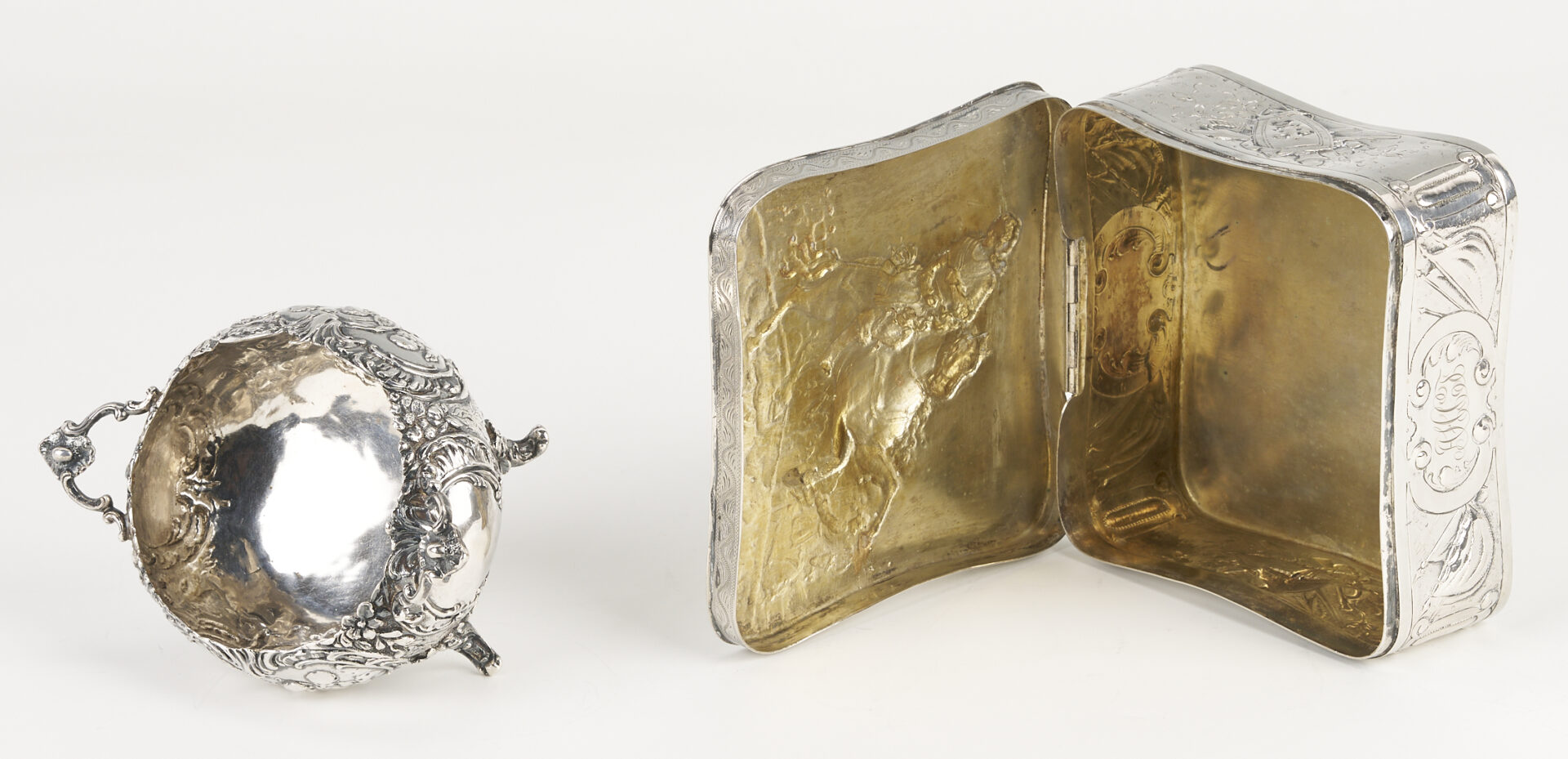 Lot 994: 4 pcs Continental Silver: Box, Sugar and Server plus Sterling Magnifying Glass